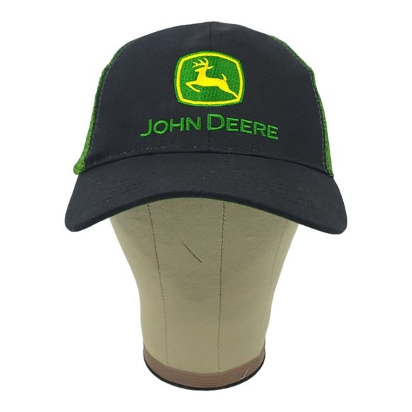 John Deere Mesh Patch Logo Strapback Cap Trucker Baseball Hat Black Green - Picture 6 of 13